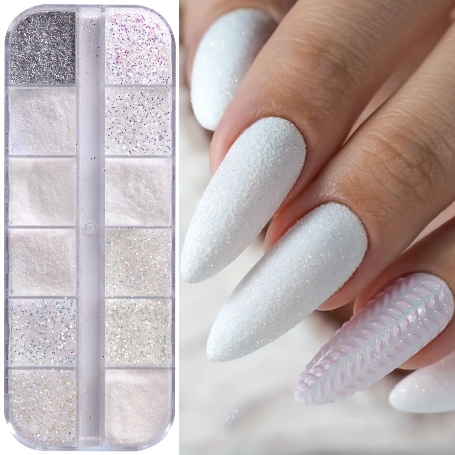 12 Grids Shiny White Sugar Nail Glitter Powder Fine Iridescent Flakes Pigment Dust Elegant Wedding Manicure Decorations